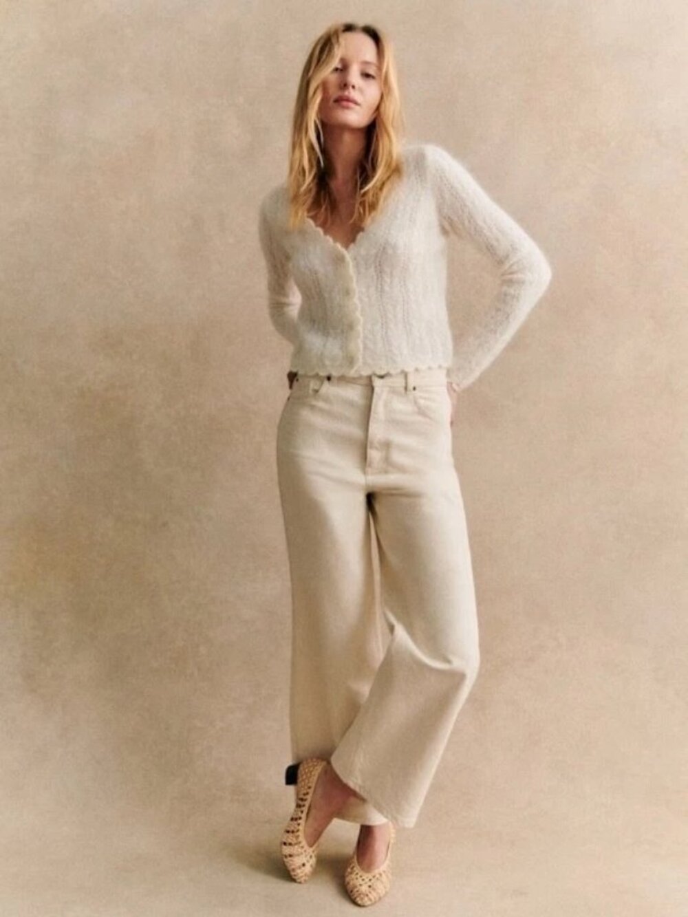 Sezane Antony V-Neck Cardigan/Sweater in Cream/Ecru, Size Small